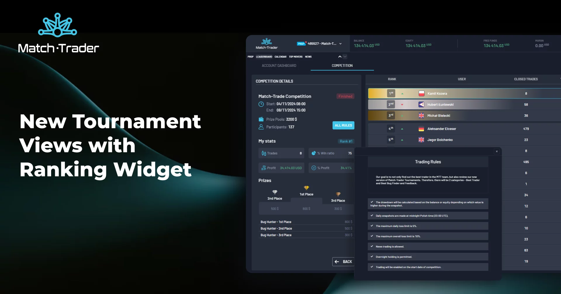 Lançamento do Match-Trade de fevereiro: Novas visualizações de torneios com widget de classificação