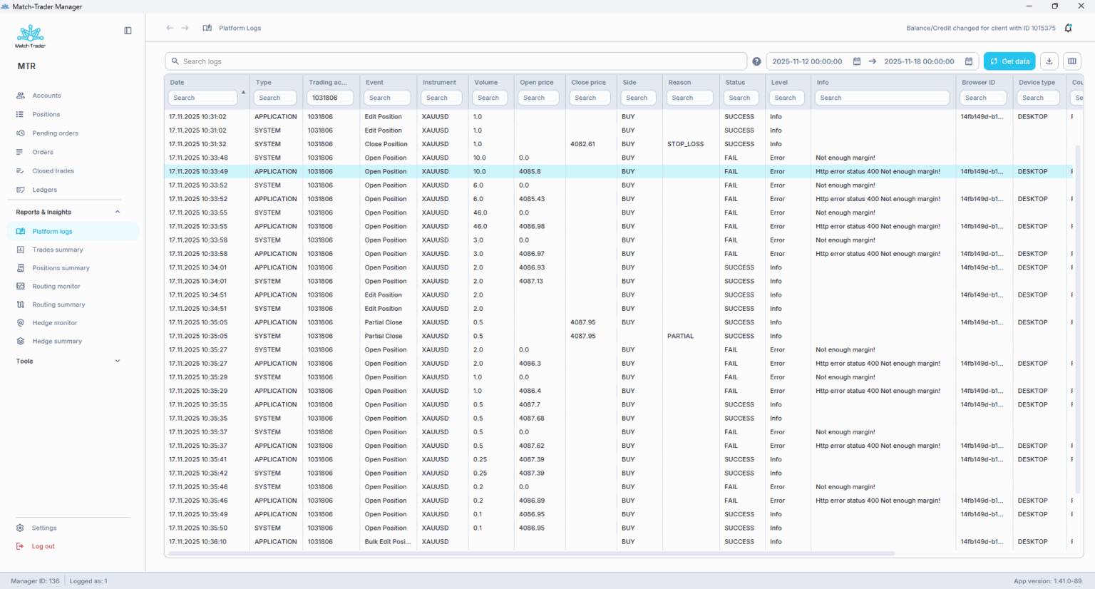 Match-Trade November Release: Platform Logs in Manager 2.0
